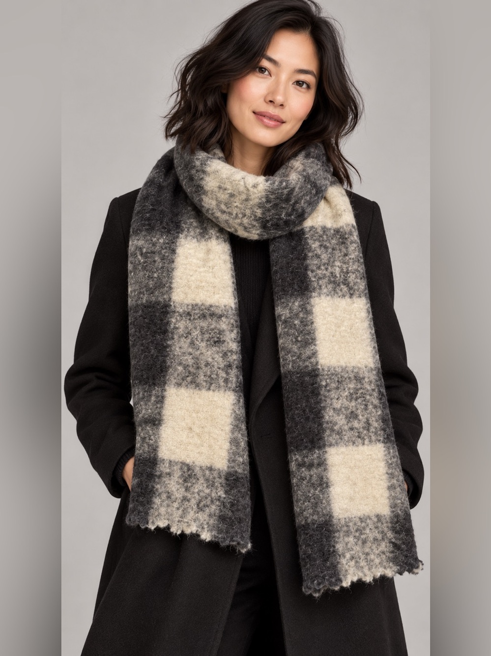 J.Crew Brushed Woven Plaid Scarf Black Gray Ivory Wool Blend OS